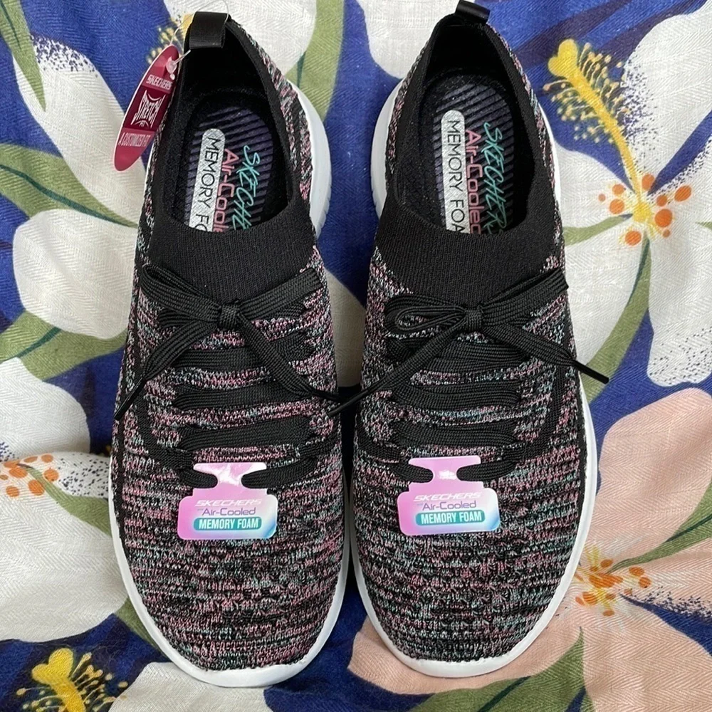 Brand New Skechers Air-Cooled Memory Foam Slip On Black Stretch Sneakers